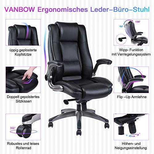 VANBOW Bürostuhl aus Leder mit hoher Rückenlehne - Einstellbarem