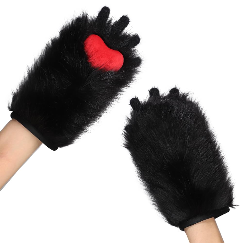 Cute Furry Cat Paws Gloves, 2Pcs Cosplay Animal Cat Paws Gloves for Women Girls Plush Full-finger Gloves Sleeves Muffs Set Winter Thermal Furry Gloves for Halloween Anime Cosplay Dress-Up Party