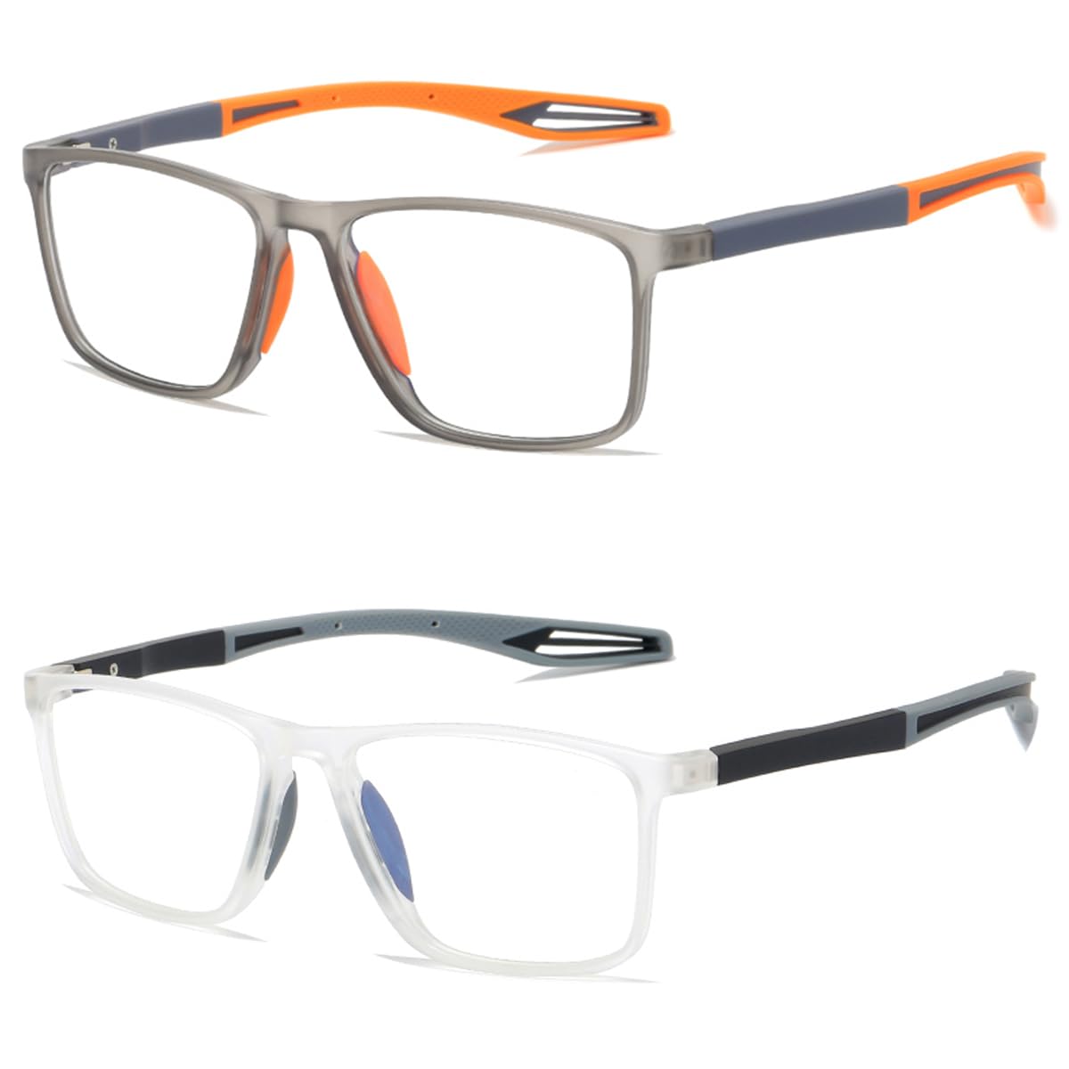 ZUVGEES 2 Pack TR90 Square Sports Reading Glasses for Men and Women(2 Pairs(Gray&Orange+Transparent),2.00)