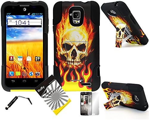 3 items Combo: ITUFFY(TM) LCD Screen Protector Film + Mini Stylus Pen + 2 tone Design Dual Layer KickStand Tuff Impact Armor Hybrid Soft Rubber Silicone Cover Hard Snap On Plastic Case for ZTE Unico Z930L (Straight Talk) ZTE Mustang Z998 (AT&T) (Flaming Skull - Black)