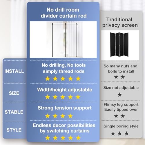 Dsocool Room Divider No Drilling Curtain Rod Wall Divider for Room Separation, 122-305cm(H) 70-290cm(W) Adjustable, Heavy Duty Partition Space Separator Freestanding Tension Curtain Stand, Black
