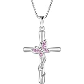 Blaniy Cross Necklace for Women 925 Sterling Silver Butterfly Necklace Birthstone Pendant Created Gemstone Jewelry Gifts for Women