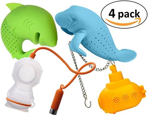 KABOOCHY Under the Sea 4 Pack Silicone Tea Infusers, includes Manatee, Shark, Deep Tea Diver and Submarine. Cute Loose Leaf Tea Diffuser Strainer Gift Pack