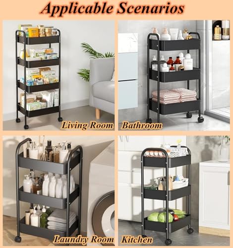 Beauenty 4 Tier Trolley Organizer,Metal Rolling Storage Cart,Mobile Utility Storage Rack,With Handle And Lockable Casters Multifunctional Organizer For Kitchen,Bathroom,Laundry Room Living Area(Black)