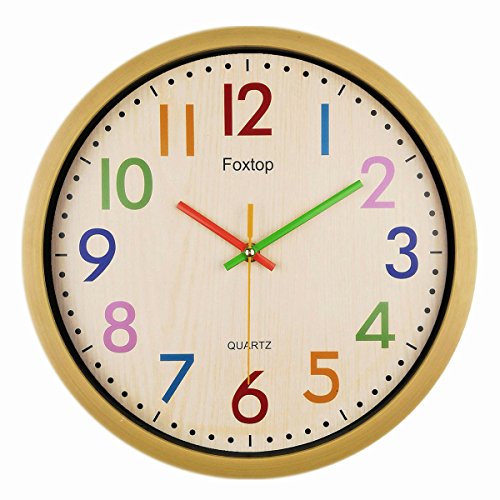 Foxtop Silent Kids Wall Clocks 12 Inch Non-Ticking Battery Operated Colorful Decorative Clock for Children Nursery Room…