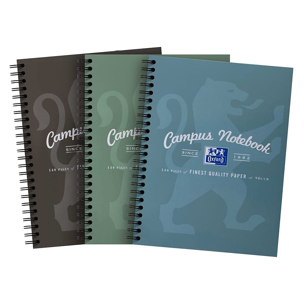 Oxford Campus, A5+ Card Cover, Pack of 3, Wirebound Notebook, 140 Pages, Assorted Metallic Colours