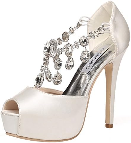 Jiame Womens Peep Toe Stiletto High Heel Platform Pumps T Strap Satin Rhinestones Wedding Bridal Shoes (8.5BM(US)(Asia 40), Lvory white)