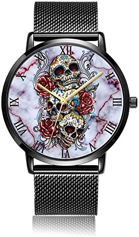 Whiterbunny Customized Skull Flower Wrist Watch Unisex Analog Quartz Fashion Black Steel Strip/Black Dial Plate for Women and Men