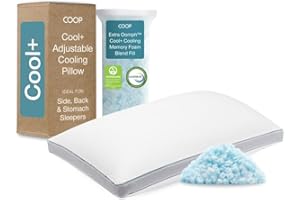 Coop Home Goods Cool+ Adjustable Pillow, Queen Size Plus Shaped Memory Foam Pillows with Cooling Gel, Back, Stomach or Side Sleeper, Neck Support for Sleeping, CertiPUR-US/GREENGUARD Gold