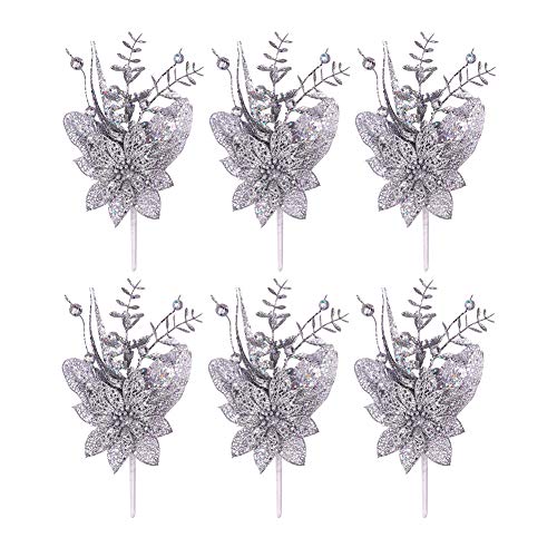 Valery Madelyn 6 Packs Silver Glitter Christmas Decorations with Artificial Christmas Flower and Leaf for Christmas Decoration and Home Decor