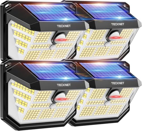 TECKNET Outdoor Solar Lights, 231 LED Solar Spotlights Outdoor, 300° Super Bright, 3 Modes with Motion Sensor, IP65 Waterproof Wall Lamp for Garden, Patio, Garage – 4 Pieces