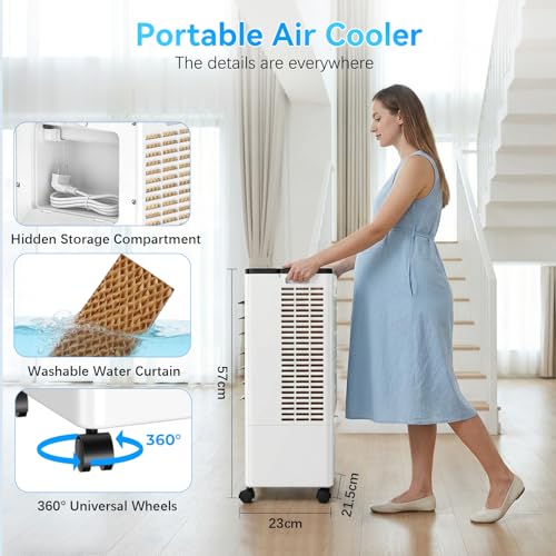 Portable Air Conditioners,3-in-1 Evaporative Air Cooler,4 Modes 3 Speeds Blow Cold Air, 120°Oscillation, LED Display, 12H Timer, Windowless Portable AC w/ 8L Tank & Remote for Home Bedroom Office
