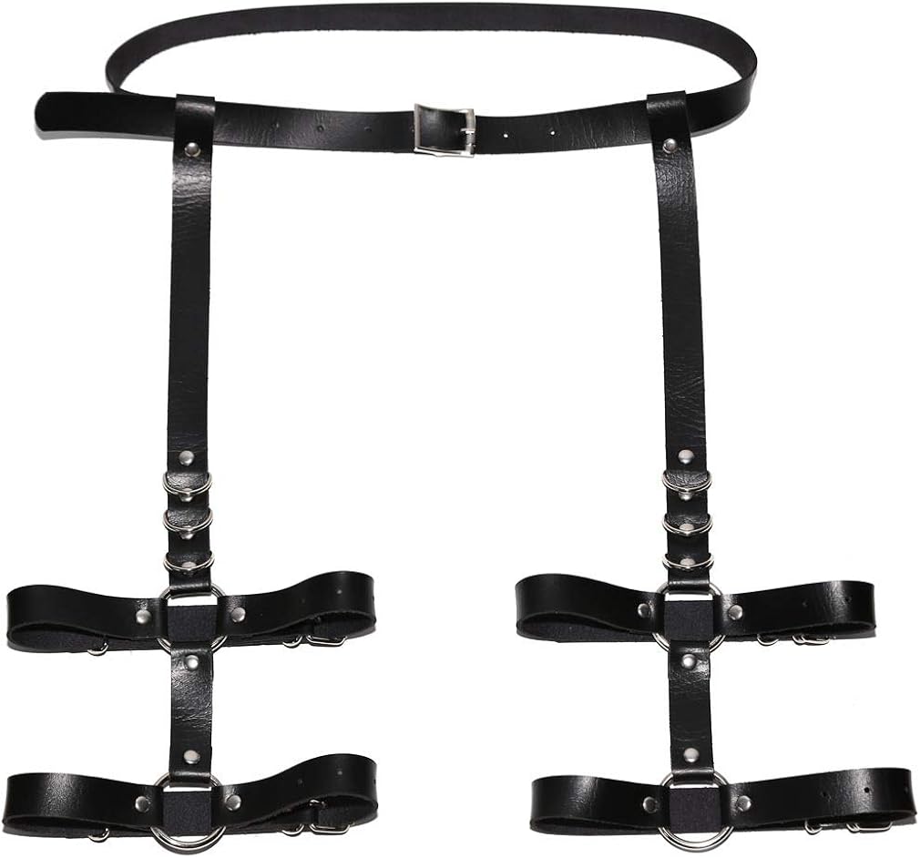 Adjustable Elastice 2 Rows Leather Leg Harness Garter Belt Punk Gothic Thigh Ring Garter (Black): Clothing