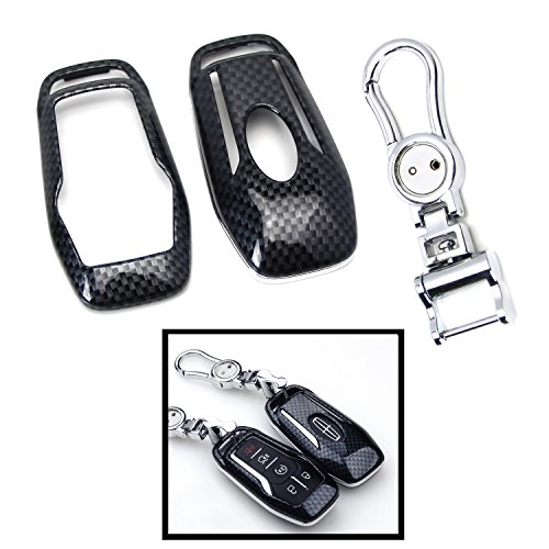 iJDMTOY 1 Exact Fit Black Glossy Carbon Fiber Pattern Key Fob Shell w/Keychain For Ford or Lincoln 4/5-Button Intelligent Access Key