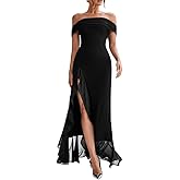 LAGSHIAN Women's Sexy Formal Off Shoulder Sleeveless High Split Ruffle Evening Party Maxi Dress