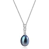 BAMIKI Pearl Drop Necklace, Freshwater/Saltwater Cultured Pearl 9-10MM, 925 Sterling Silver, Adjustable Chain 18+2", Three CZ, Elegant Birthday & Anniversary Jewelry Gifts for Women/Wife