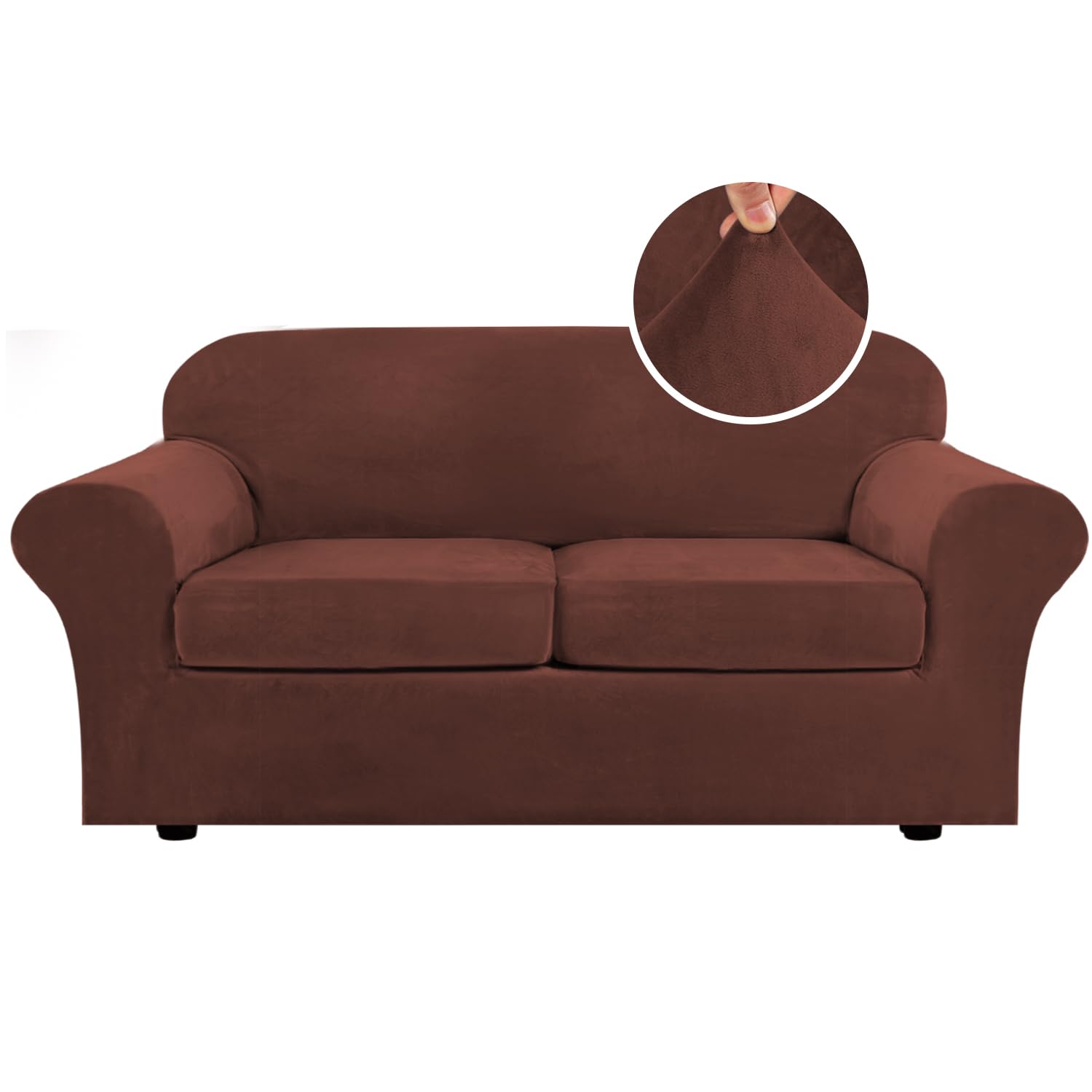 Photo 1 of H.VERSAILTEX Real Velvet Plush 3 Piece Stretch Sofa Covers Couch Covers for 2 Cushion Couch Sofa Slipcovers Width Up to 90 Inch Feature Thick Soft Stay in Place (Sofa, Burnt Brick)