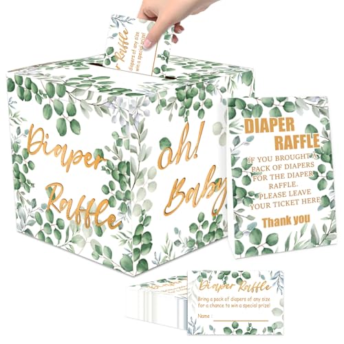 FALIZIFU Diaper Raffle Box for Baby Shower 48 Pcs Greenery Diaper Raffle Tickets with Card Box and Standing Sign for Gender Reveal Baby Shower Party Decoration Eucalyptus Diaper Raffle Tickets