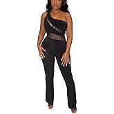 fiocko Women's Sexy One Shoulder Slit Sleeve High Waist One Piece Pant Outfit Wide Leg Jumpsuit Romper