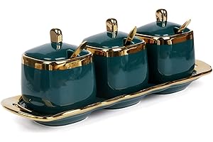 Fvstar Ceramic Condiment Pots, Gold Kitchen Spice Boxes, Porcelain Salt Containers Set of 3, Coffee Sugar Bowls with Lid,Spoon and Tray, Pepper Seasoning Storage Jars for Countertop and Bar