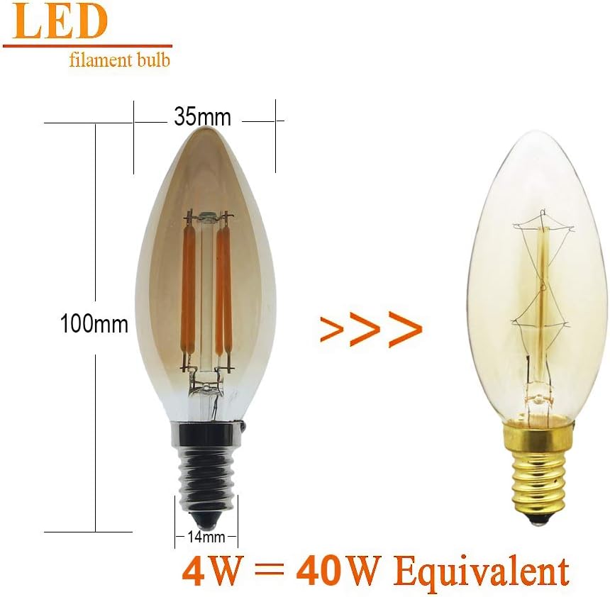 ZFQ 8-Packs Vintage Edison Style Filament LED Candle Light Bulb Smoked Gold Glass E14 Screw Base Warm White 2700K 4W 400LM 40W Incandescent Bulbs Equivalent AC220-240V Non Dimmable - Image 3