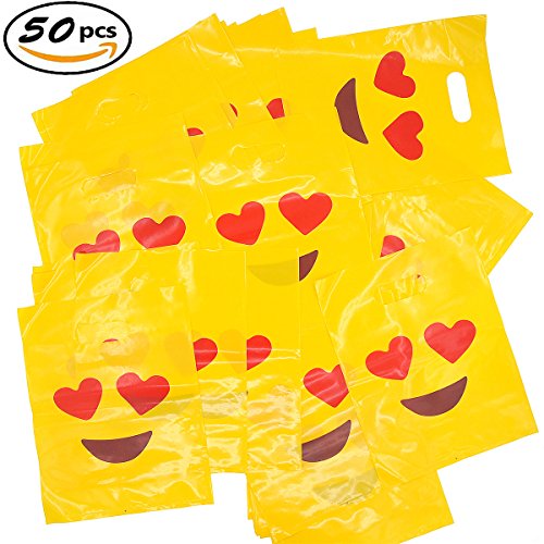 Cevinee 50PC Glossy Merchandise Bags, Handy Retail Shopping Bags, Cute Party Favor Bags - Emoji in Love - No Gusset - Die Cut Handle - 9" x 12" - 2.0 Mil, Yellow
