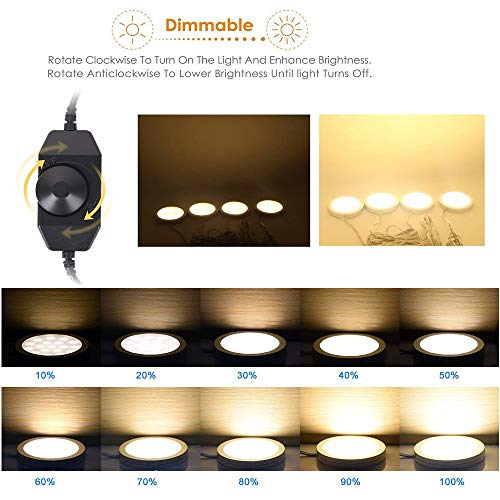 Dimmable Puck Lighting - 8W Warm White Kitchen Under Cabinet Lighting - LED Counter Deluxe Kit w/Rotary Dimmer Switch - Continuous Dimming (Warm White, 4 Pack)