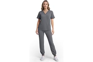 Eipnare Scrubs for Women Set, Stretchy V-Neck Top & Jogger Pants with Multi-Pocket Yoga Waistband