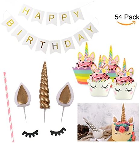 BQUQO Unicorn Cupcake Toppers Wrappers Decoration Kit Double Sided Cupcake Wrappers Toppers Horn Ears Eyelashes Gold Birthday Banner Cake Decorating Supplier