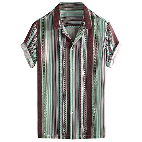 2019 Hot! Mens Summer Tops Loose Fit Casual Button Down Lightweight Short Sleeve Stripe Beach Shirts Blouse Tee (Red, L)