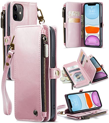 Defencase Compatible with iPhone 11 Case Wallet with Card Holder for Women and Men, PU Leather Magnetic Snap Flip Zipper Strap Wallet Phone Case Fit for iPhone 11 6.1", Luxury Pink