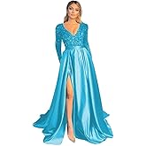 Rjer Long Sleeve Sequin Prom Dresses Satin Ball Gown Slit V Neck Formal Evening Gowns with Pockets