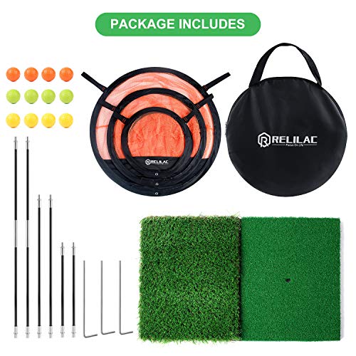 RELILAC 3 Piece Golf Chipping Net with Dual Turf Hitting Mat and 12