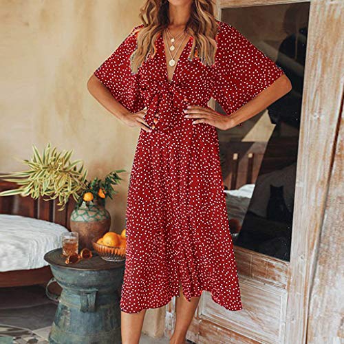 Gogoodgo Womens Dot Print Dress, Ladies V Neck Bohemia Bow Tie Sundress Beach Loose Long Dress Navy