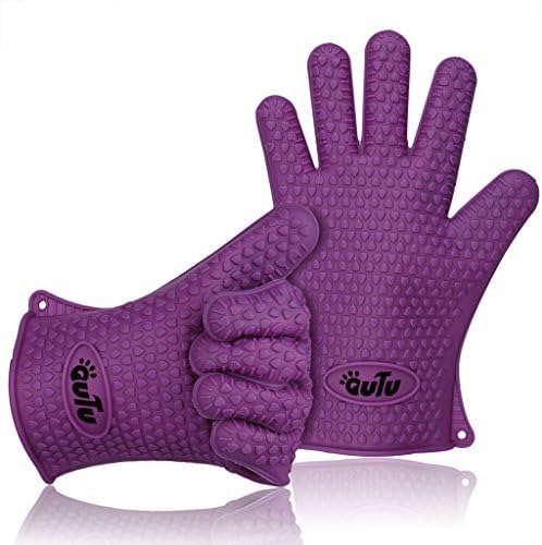 OUTU 1 Pair Silicone Heat Resistant Five Fingers Ultra flex Kitchen Glove BBQ Grill Oven Gloves (Purple)