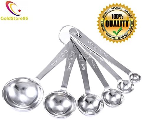 GoldStore95 Stainless Steel Measuring Spoons - Set of 6 Including 1/2 Tablespoon &amp; 1/8 Teaspoon, Measuring Spoons Set with D-Ring Holder, for Dry and Liquid Ingredients
