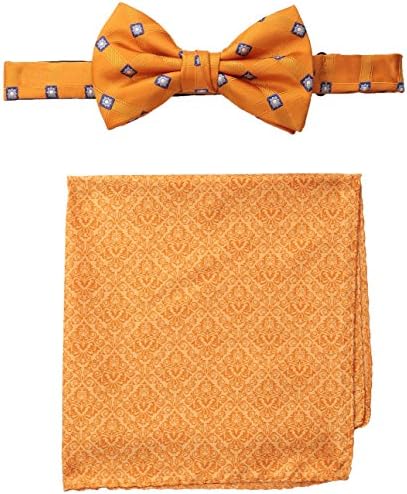 Steve Harvey Men's Satin Grid Bowtie and Brocade Pocket Square, Orange, One Size