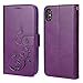 WaterFox iPhone XR Wallet Case with 4 Card Holder for Women, Detachable Cover Flip Folio PU Leather Wrist Strap Removable Magnetic Kickstand with Floral Flower Design for Girls - Purple