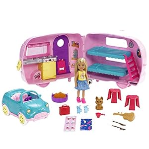 Barbie-Club-Chelsea-Camper Barbie Club Chelsea Camper Playset with Chelsea Doll, Puppy, Car, Camper, Firepit, Guitar and 10 Accessories, Gift for 3…