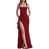 Rosegalette Womens Sleeveless Square Neck Formal Dresses Sexy Bodycon Ruched High Slit Wedding Party Guest Prom Maxi Dress