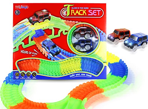 Haktoys Glow in the Dark Track PlaySet - 156 Pcs Endless Fun and Combinations - Comes with 2 cars!