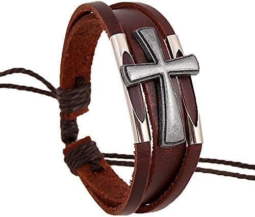 On The Journey Cool 3 Row Metal Cross Brown Leather Adjustable Wrap Bracelet Brown