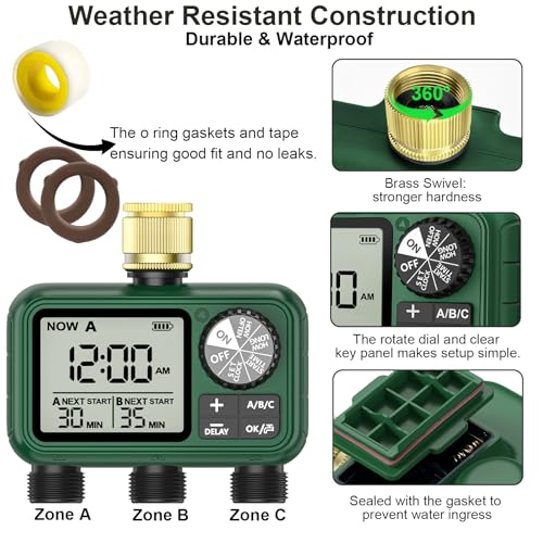 3 Way Water Timer with Brass Inlet, Large LCD Display, Automatic Watering for Garden, Programmable Irrigation, Simple Use, Rain Delay Manual Watering for Garden