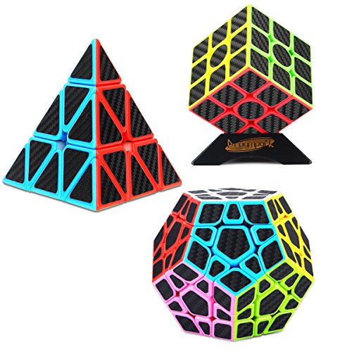 Speed Cube Set, Dreampark Magic Cube Bundle [3 Pack] 3x3x3 Pyramid Megaminx Cube Carbon Fiber Sticker Puzzle Cube Toys for Kids and Adults