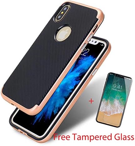 My Gadget Shops iPhone X Carbon Hybrid Case Slim Dual Layer (Hard PC Shell + Soft TPU) Exact Fit Apple iPhone X \ iPhone 10 + Tampered Glass FREE Gift (Black & RoseGold)