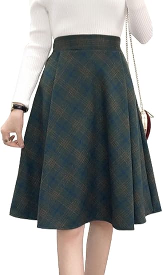 Amazon Co Jp Elpis レディース レトロ 大人 シック トラッド ワントーン タータン チェック フレア スカート ハイウエスト ミディ丈 膝丈 ウール調 上品 フェミニン 秋 冬 グリーン M 服 ファッション小物