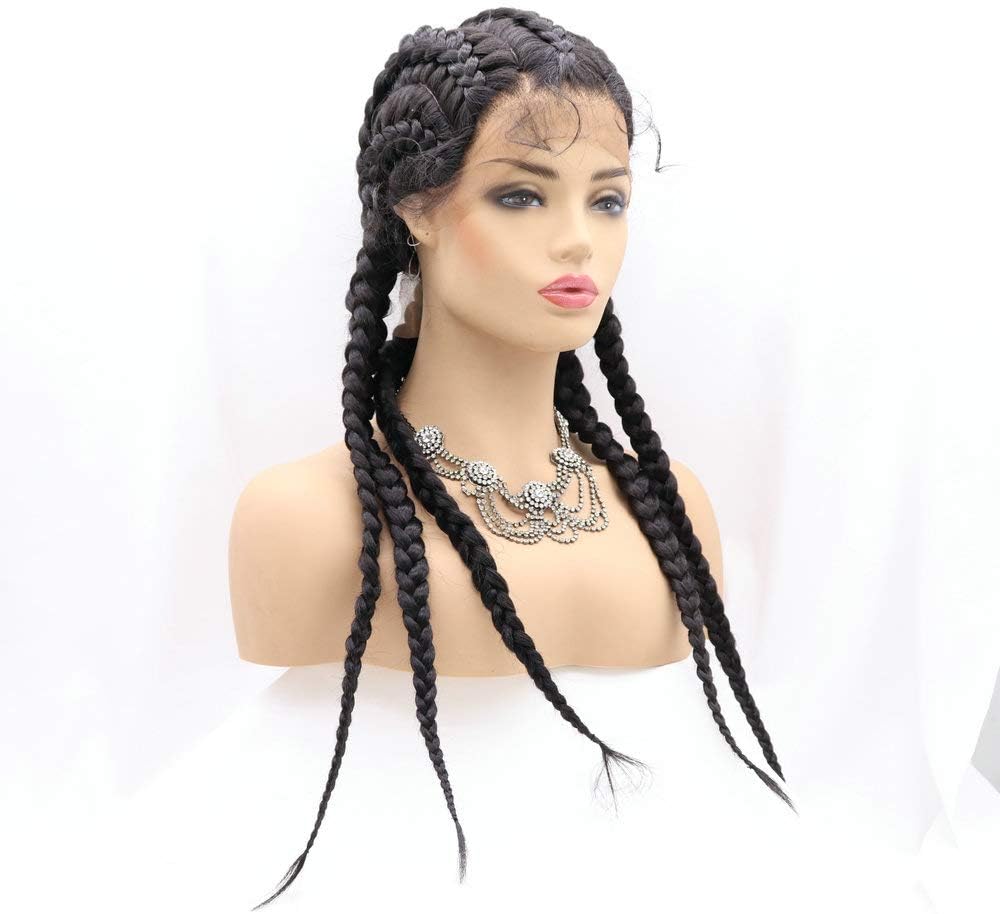 RainaHair Black Braids 5 Box Braided Wig with Baby Hair Synthetic Braided Lace Wig 5 Crochet Braids X Pression Braiding Hair Wigs for Women 30inch(black) - Image 4