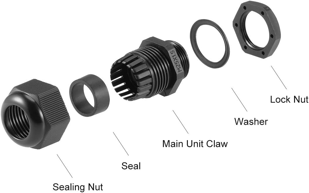 sourcing map M25x1.5 Cable Gland 12mm-15mm Wire Hole Waterproof Nylon Joint Adjustable Locknut with Washer Black 20pcs - Image 4