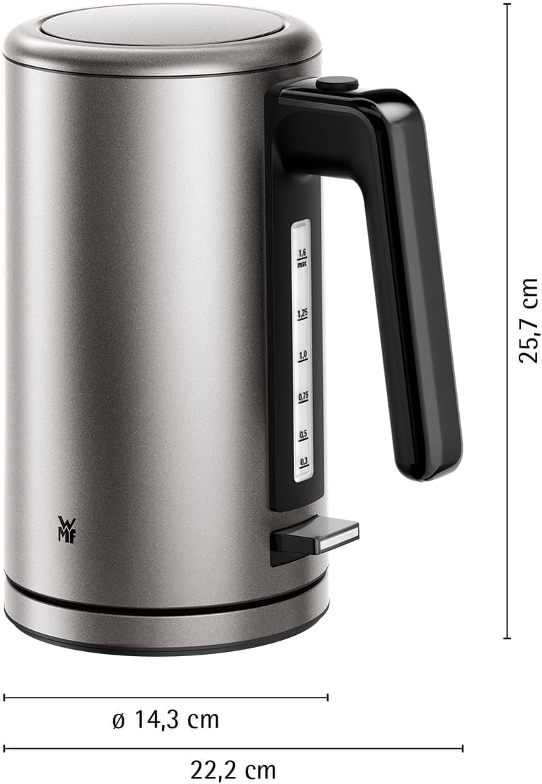 WMF Lono Silk Edelstahl Wasserkocher 1,6 L, kabelloser elektrischer Wasserkocher 2400 W mit Kalkfilter, 360°-Sockel, Anti-Fingerabdruck-Effekt, Einhand-Deckel & externer Wasserstandsanzeige 2