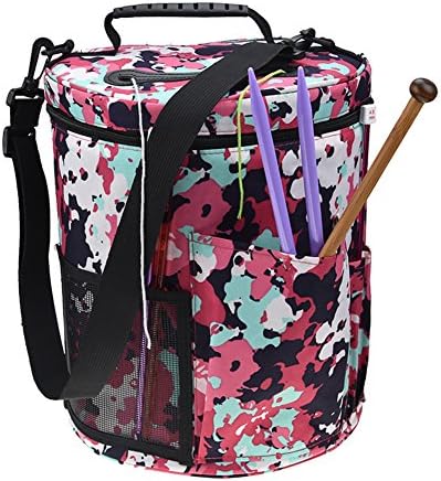 Crochet Knitting Bag, Poratable Yarn Wool Knitting Needles Storage Tote Organizer Holder With Pockets For Accessories And Holes To Prevent Tangling, 10.8 x 12.7 In